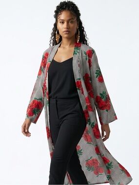 JORJA | Longline Duster Open Front Kimono Stripes & Roses Women’s Size Medium